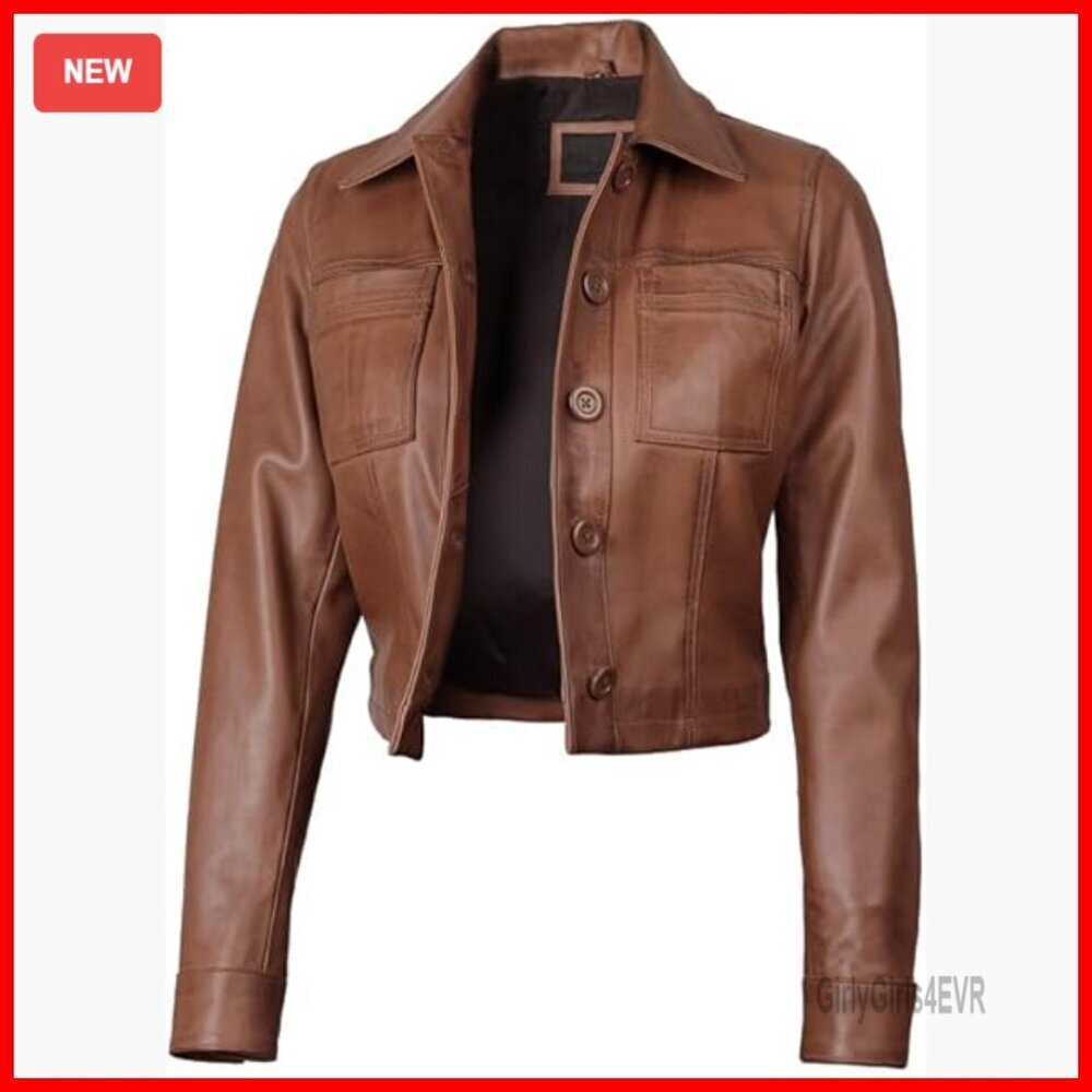 Cropped Lambskin Leather Jacket Women's Regular Fit Zip Closure Pockets